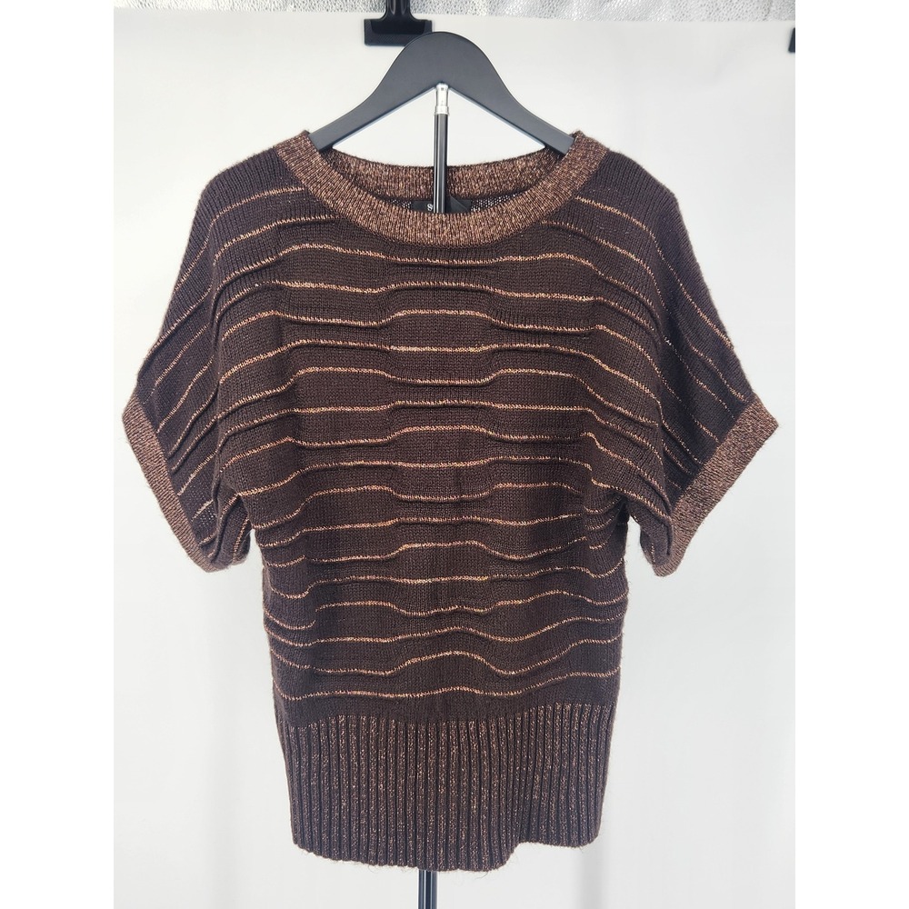 Style & Co Womens Brown Metallic Striped Short Sleeve Sweater Crew Neck Small